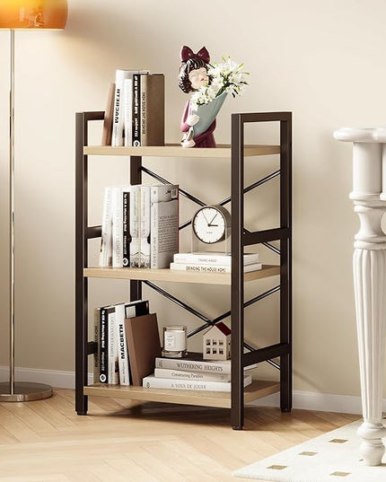Bookshelf, 3 Tier Industrial Bookcase, Metal Small Bookcase, Rustic Etagere Book Shelf Storage Organizer for Living Room, Bedroom, and Home Office(Light Coffee) Patent Pending D29873033 - LeafyLoom
