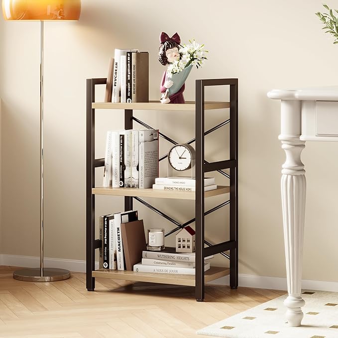 Bookshelf, 3 Tier Industrial Bookcase, Metal Small Bookcase, Rustic Etagere Book Shelf Storage Organizer for Living Room, Bedroom, and Home Office(Light Coffee) Patent Pending D29873033 - LeafyLoom