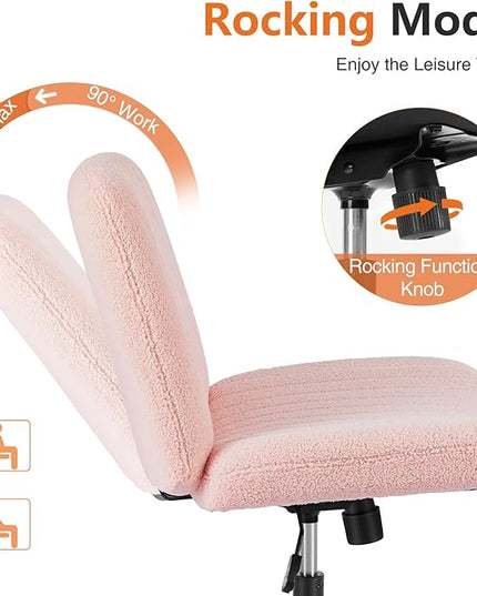 Sweetcrispy Criss Cross Office Chair with Wheels, Wide Armless Home Office Desk Chair with Dual-Purpose Base, Swivel Adjustable Teddy Fabric Task Vanity Computer Chair, Teddy Pink - LeafyLoom