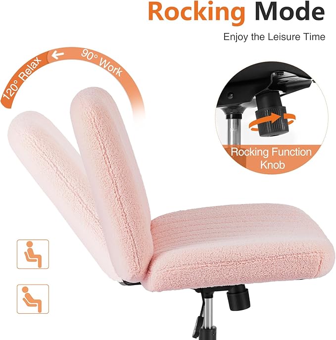 Sweetcrispy Criss Cross Office Chair with Wheels, Wide Armless Home Office Desk Chair with Dual-Purpose Base, Swivel Adjustable Teddy Fabric Task Vanity Computer Chair, Teddy Pink - LeafyLoom