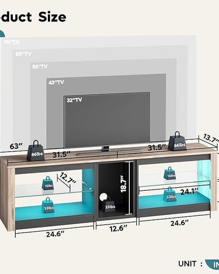 Bestier TV Stand for 70 inch TV, Gaming Entertainment Center for PS5, LED TV Cabinet with Glass Shelves for Living Room, 63'' Inch, Pinewood - LeafyLoom