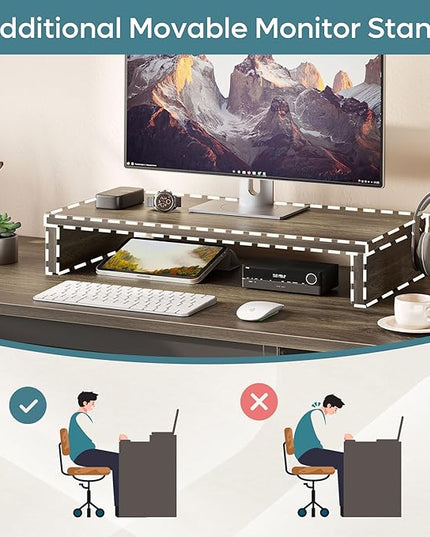 Bestier Lift Top L Shaped Desk with File Drawer, 55'' x 55'' Office Desk with Reversible Storage Drawers, L Shaped Standing Desk with Computer Monitor Stand (Retro Grey Oak Dark, 55'' x 55'') - LeafyLoom
