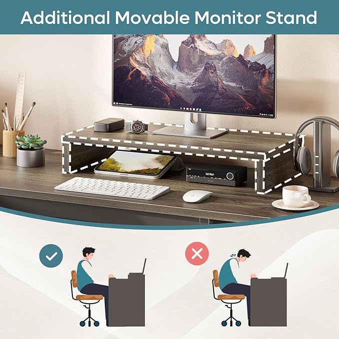 Bestier Lift Top L Shaped Desk with File Drawer, 55'' x 55'' Office Desk with Reversible Storage Drawers, L Shaped Standing Desk with Computer Monitor Stand (Retro Grey Oak Dark, 55'' x 55'') - LeafyLoom