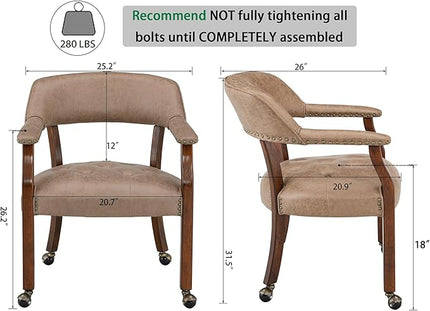 Dining Chairs with Casters and Arms, Rolling Dining Chairs with Wheels, Solid Wood Office Desk Chairs, 26“Dx25.2 Wx31.5“H, Cherry Legs & Yellowish Brown Fabric SY-1533-LT - LeafyLoom