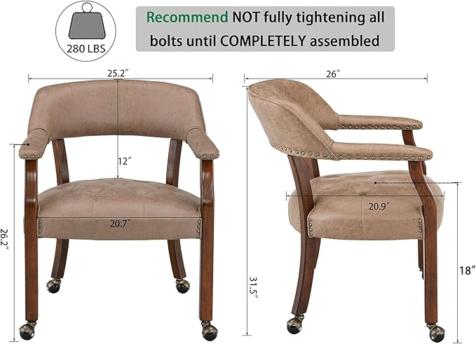 Dining Chairs with Casters and Arms, Rolling Dining Chairs with Wheels, Solid Wood Office Desk Chairs, 26“Dx25.2 Wx31.5“H, Cherry Legs & Yellowish Brown Fabric SY-1533-LT - LeafyLoom