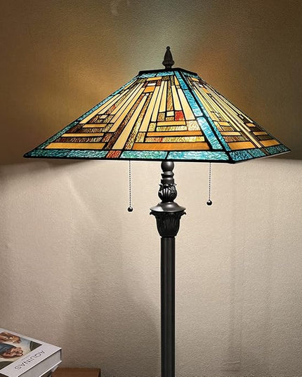 Tiffany Floor Lamp Mission Style Green Stained Glass Floor Light for Reading Antique 16" Double Light Standing Lamp for Living Room Bedroom Home Office - LeafyLoom
