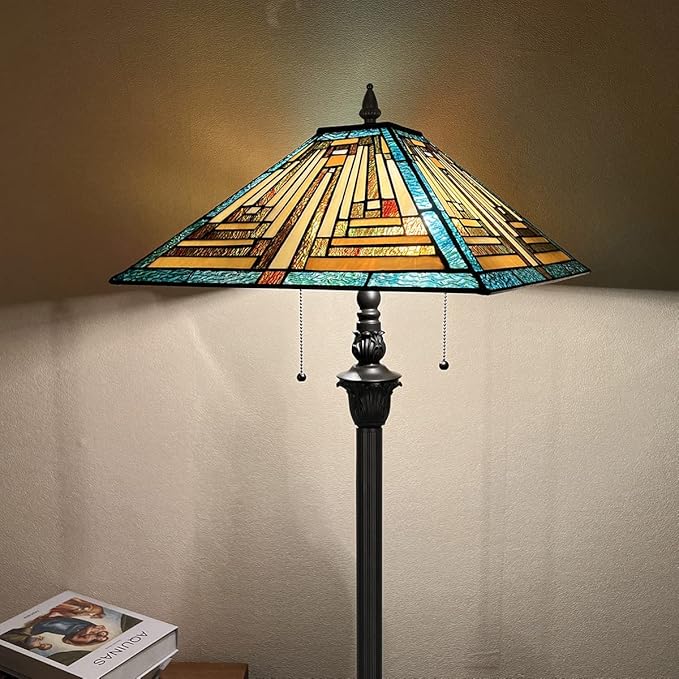Tiffany Floor Lamp Mission Style Green Stained Glass Floor Light for Reading Antique 16" Double Light Standing Lamp for Living Room Bedroom Home Office - LeafyLoom