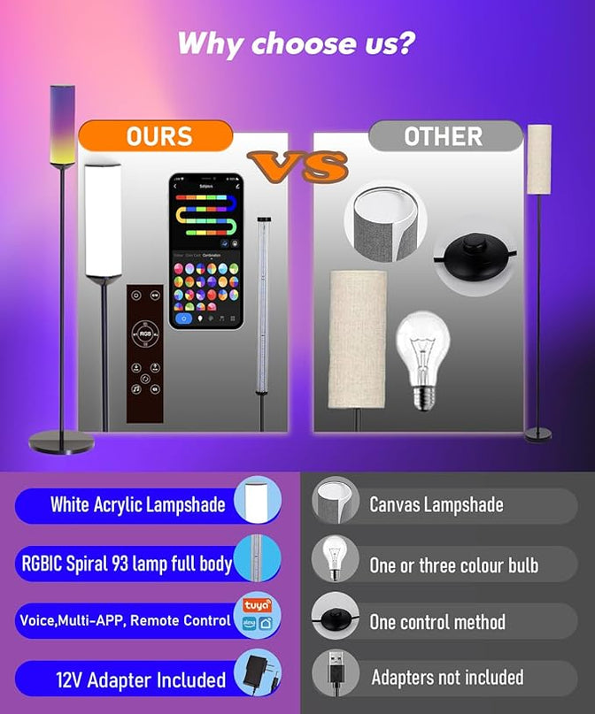 RGB Floor Lamp with Remote Control, LED Corner Lamp Works with Alexa, 1200 Lumens Bright Lamp for Office, 44+ Scenes, DIY Mode, Music Sync, Modern Floor Lamp for Bedroom, Living Room - LeafyLoom