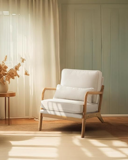 Bonnlo Coarse Linen Beige Mid Century Modern Accent Chair, Soild Wood Padding Lounge Armchairs Side Sitting Chairs for Living Room, Bedroom, Guest Room - LeafyLoom