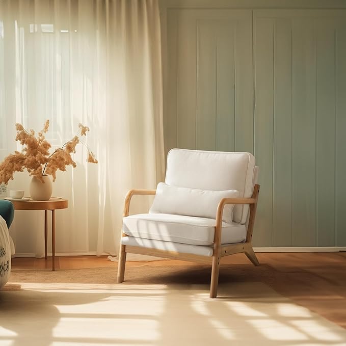 Bonnlo Coarse Linen Beige Mid Century Modern Accent Chair, Soild Wood Padding Lounge Armchairs Side Sitting Chairs for Living Room, Bedroom, Guest Room - LeafyLoom