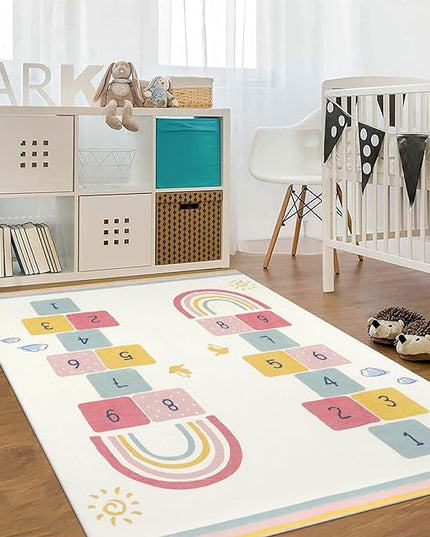 Topotdor Rainbow Sky Hopscotch Game Rugs,Kids Play Area Rugs Soft Floor Carpet for Bedroom Playroom Nursery,Great Gift for Girls & Boys,47" x 71" - LeafyLoom