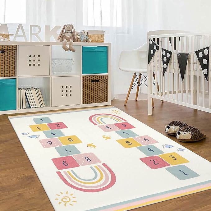 Topotdor Rainbow Sky Hopscotch Game Rugs,Kids Play Area Rugs Soft Floor Carpet for Bedroom Playroom Nursery,Great Gift for Girls & Boys,47" x 71" - LeafyLoom