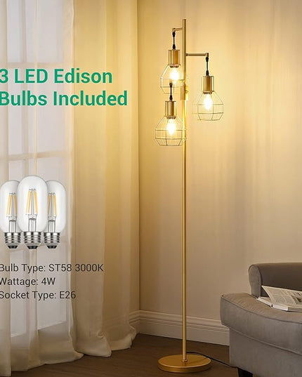 EDISHINE Industrial Dimmable Floor Lamp Gold, Farmhouse Standing Lamp for Living Room with 3 LED Edison Bulbs, Modern Tall Standing Corner Lamp with Metal Diamond Cage for Bedroom, Office - LeafyLoom
