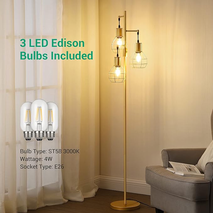 EDISHINE Industrial Dimmable Floor Lamp Gold, Farmhouse Standing Lamp for Living Room with 3 LED Edison Bulbs, Modern Tall Standing Corner Lamp with Metal Diamond Cage for Bedroom, Office - LeafyLoom