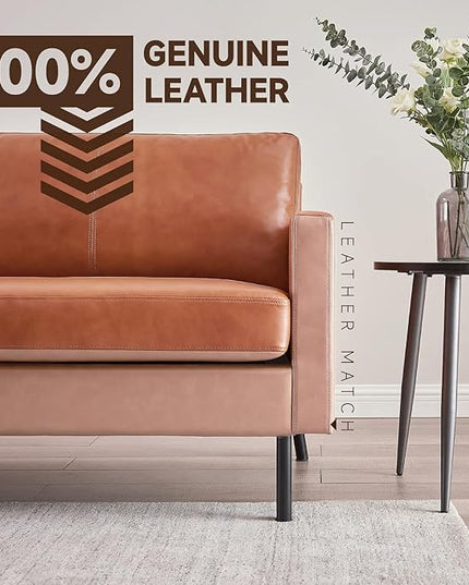 70" Top-Grain Leather Sofa, 2-Seat Upholstered Loveseat Sofa Modern Couch, Luxury Classic for Living Room Bedroom Apartment Office (Brown) - LeafyLoom