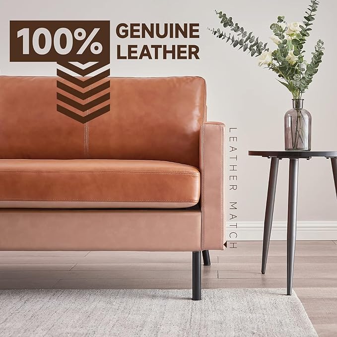 70" Top-Grain Leather Sofa, 2-Seat Upholstered Loveseat Sofa Modern Couch, Luxury Classic for Living Room Bedroom Apartment Office (Brown) - LeafyLoom