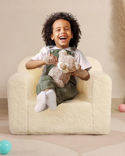 Kids Snuggly-Soft Sherpa Chair, Cuddly Toddler Foam Chair for Boys and Girls, Cream - LeafyLoom