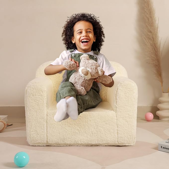 Kids Snuggly-Soft Sherpa Chair, Cuddly Toddler Foam Chair for Boys and Girls, Cream - LeafyLoom