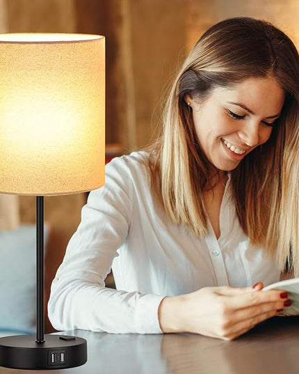 【Upgraded】Set of 2 Touch Beige Table Lamps with 2 USB Ports & AC Outlet, 3-Way Dimmable Bedside Nightstand Lamps for Living Room Nursery Office Bedroom, 800 Lumens 2700K Warm Bulbs Included - LeafyLoom