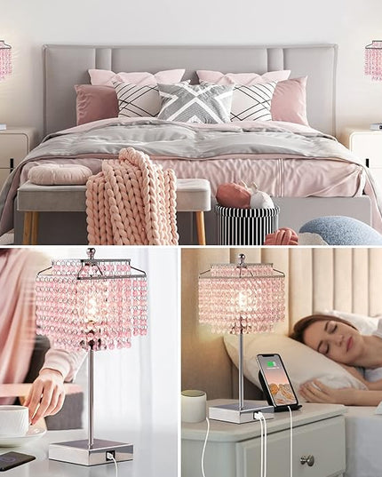 Luvkczc Pink Bedside Crystal Table Lamp, Touch Control Crystal Lamps with USB C+A Ports, 3-Way Dimmable Lamp with Crystal Shade for Girl Bedroom, Living Room, 6W B11 Bulb Included - LeafyLoom