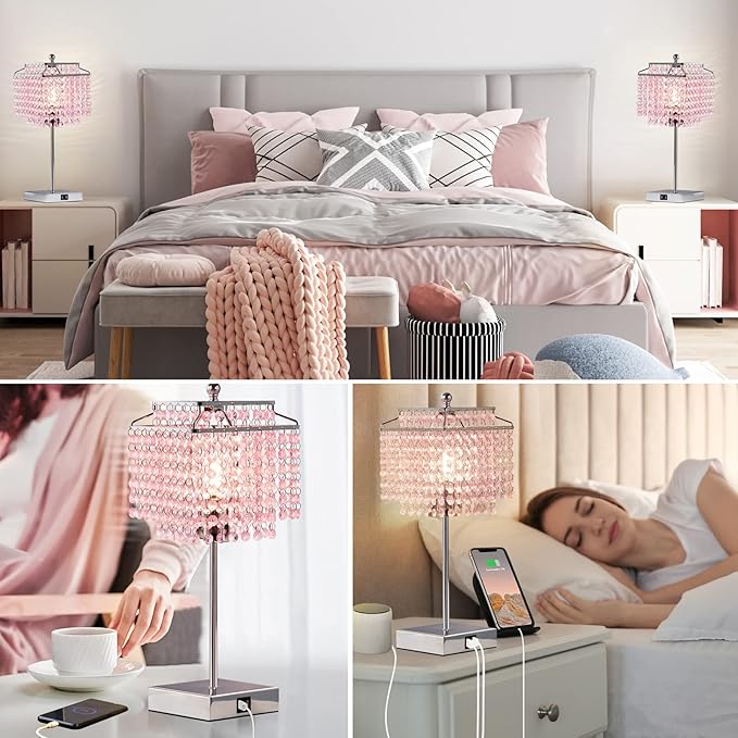 Luvkczc Set of 2 Bedside Pink Crystal Table Lamp, Touch Control Crystal Lamp, 3-Way Dimmable Lamp with Crystal Shade for Bedroom, Girl Living Room, 6W B11 Bulb Included - LeafyLoom