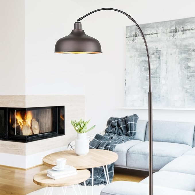 Arc Floor Lamps for Living Room with Remote Control, Modern Farmhouse Tall Standing Lamp, Floor Lamp with 360° Adjustable Hanging Dome Shade, Dimmable Tall Lamp with 9W LED Bulb - LeafyLoom