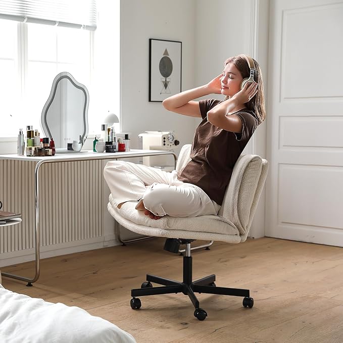 LEAGOO Armless Desk Chair, Office Chair with Wheels, Desk Chair with Furry, Modern Swivel Height Adjustable Office Chair with Wide Seat for Home, Office, Make Up, Bed Room - Cream White - LeafyLoom