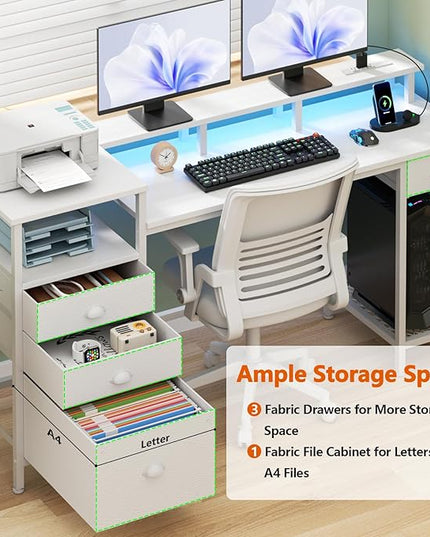 Furologee White Computer Desk with Drawers, 60" Office Long Desk with Fabric File Cabinet and Power Outlets, Gaming Desk with LED Lights, Study Writing Work Desk for Home Office, White - LeafyLoom