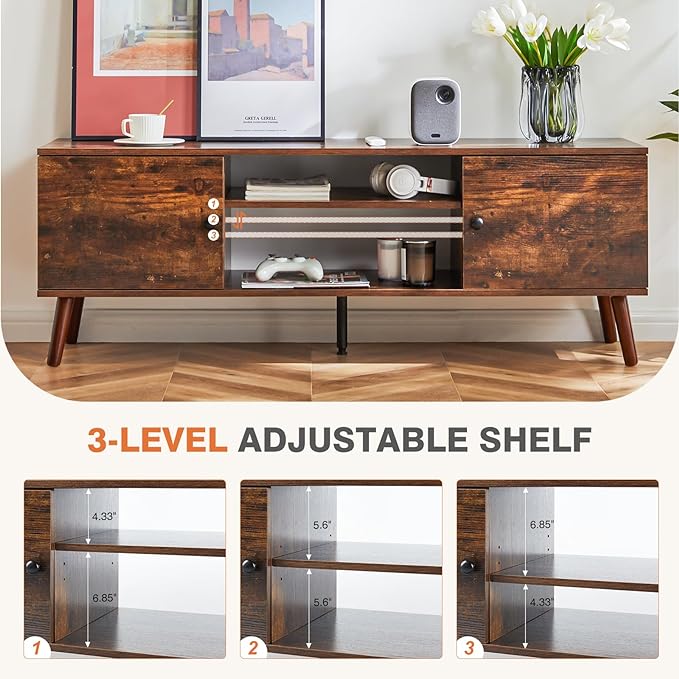 Sweetcrispy TV Stand for 55 60 inch TV, Modern Mid Century Entertainment Center with Storage, Media Console Table 2 Cabinet, Soft Hinge, Handle Door, Wooden Living Room, Office Furniture, Retro Brown - LeafyLoom