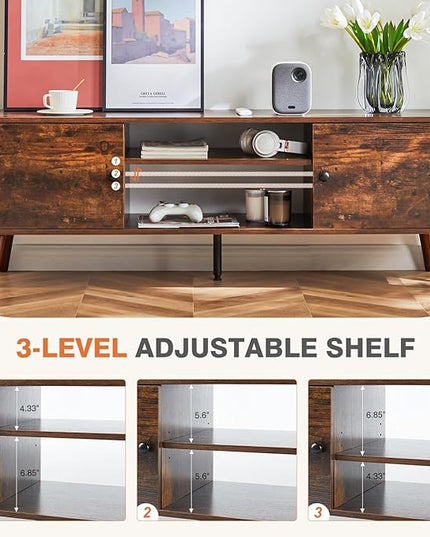 Sweetcrispy TV Stand for 55 60 inch Television, Entertainment Center with Storage, 2 Cabinet Media Console Table, Soft Hinge Door with Handle, Wood Feet, Living Room, Bedroom Furniture, Rustic Brown - LeafyLoom