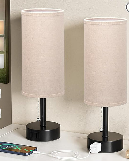 Bedside Table Lamps Set of 2 - 3 Color Temperatures Pull Chain Lamp with AC Outlet Charging Port, Two Round Night Stand Lamps for Bedroom Guest Room Office, Small Bed Side Light with E26 LED Bulbs - LeafyLoom