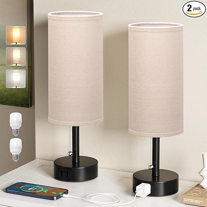 Bedside Table Lamps Set of 2 - 3 Color Temperatures Pull Chain Lamp with AC Outlet Charging Port, Two Round Night Stand Lamps for Bedroom Guest Room Office, Small Bed Side Light with E26 LED Bulbs - LeafyLoom