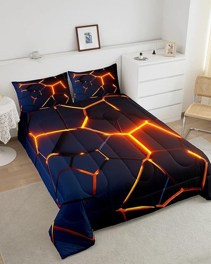 Honeycomb Print Bedding Set Red Black Fire Hexagonal Pattern Comforter Set for Kids Boys Girls Teens Beehive Geometrical Comforter Breathable Simplistic Duvet Set Room Decor Quilt Set Full Size - LeafyLoom