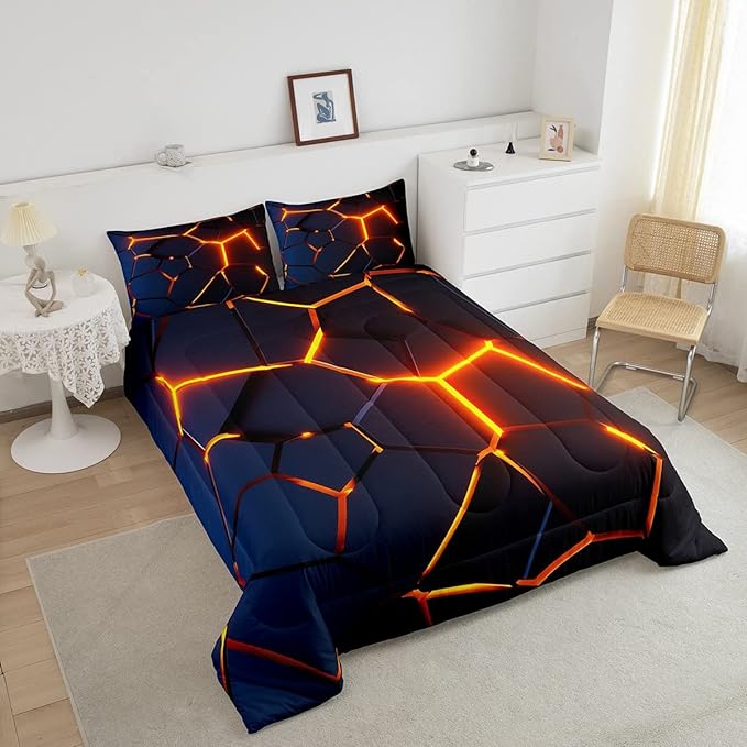 Honeycomb Print Bedding Set Red Black Fire Hexagonal Pattern Comforter Set for Kids Boys Girls Teens Beehive Geometrical Comforter Breathable Simplistic Duvet Set Room Decor Quilt Set Twin Size - LeafyLoom