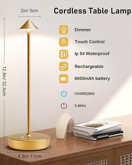 Rechargeable Cordless Table Lamp, 6000mAh LED Battery Operated Desk Lamp Touch 3 Color Stepless Dimming Portable Outdoor Waterproof Table Light for Patio/Restaurant/Dining/Home (Gold) - LeafyLoom