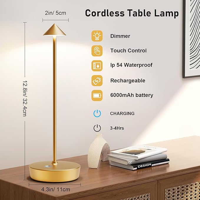 Rechargeable Cordless Table Lamp, 6000mAh LED Battery Operated Desk Lamp Touch 3 Color Stepless Dimming Portable Outdoor Waterproof Table Light for Patio/Restaurant/Dining/Home (Gold) - LeafyLoom