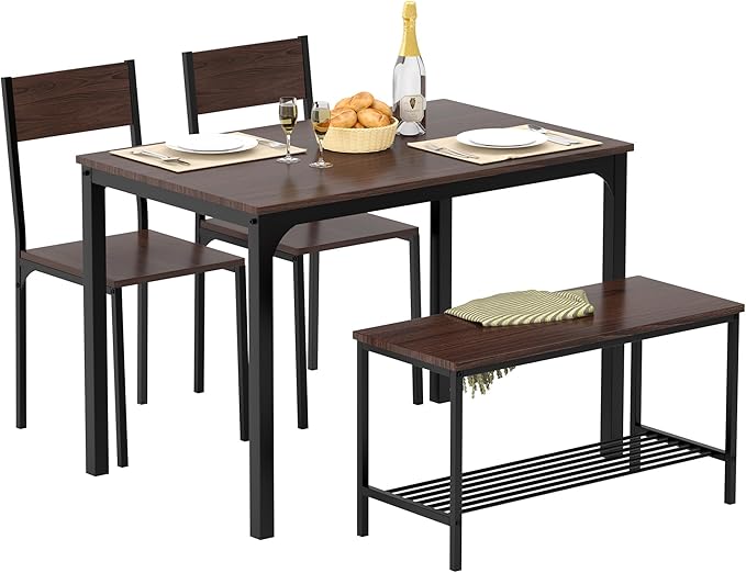 SDHYL Dining Table Set for 4, 43" Dining Room Table with Two Chairs and One Bench, 4 Pieces Set Table Top with Metal Legs in Living Room, Dining Room, Space Saving Kitchen Table Set, Walnut - LeafyLoom