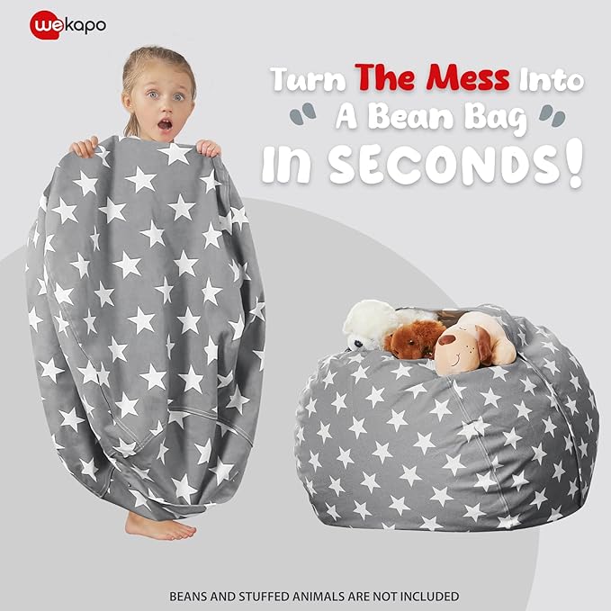 Wekapo Stuffed Animal Storage Bean Bag Chair Cover for Kids | Stuffable Zipper Beanbag for Organizing Children Plush Toys Large Premium Cotton Canvas (Grey Star, XX-Large) - LeafyLoom