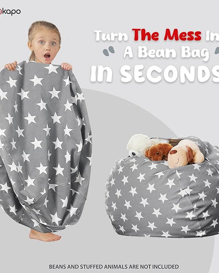 Wekapo Stuffed Animal Storage Bean Bag Chair Cover for Kids | Stuffable Zipper Beanbag for Organizing Children Plush Toys Large Premium Cotton Canvas (Grey star, X-Large) - LeafyLoom