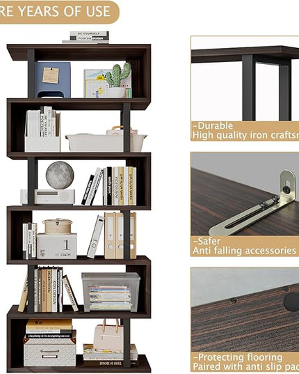 Bookshelf geometric bookcase S Shaped industrial bookshelf Storage Display Stand Shelf for Living Room Bedroom and office Room (Black, 6 Tier) - LeafyLoom