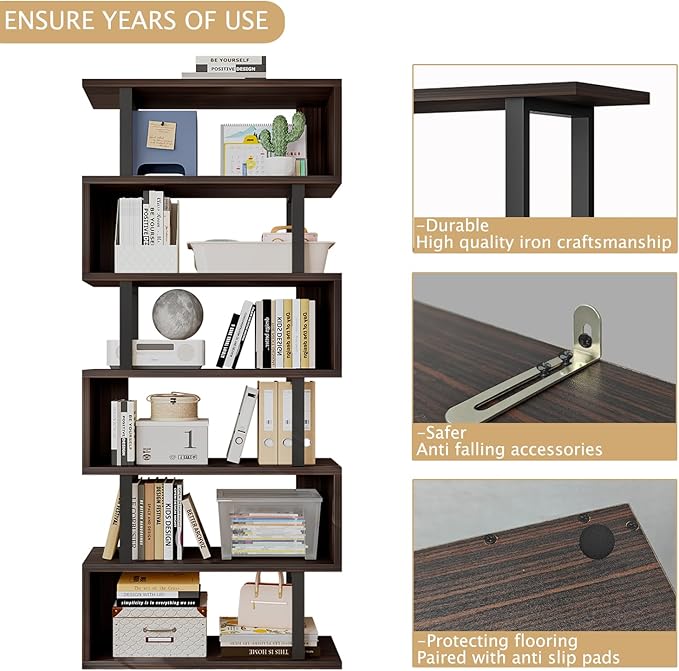 Bookshelf geometric bookcase S Shaped industrial bookshelf Storage Display Stand Shelf for Living Room Bedroom and office Room (Black, 6 Tier) - LeafyLoom