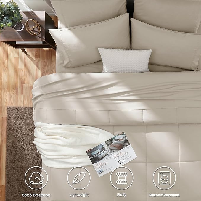 CozyLux King Size Comforter Sets - 7 Pieces Bed in a Bag Set Beige, Bedding Sets King with All Season Quilted Comforter, Flat Sheet, Fitted Sheet, Pillowcases, Beige, King - LeafyLoom