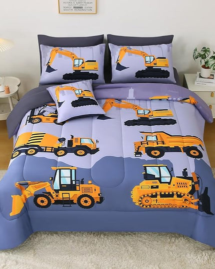 JQinHome Construction Twin Bedding Sets for Boys Kids,6 Piece Bed in A Bag 3D Cartoon Car Excavator Tractor Comforter Set with Sheet Set,Trucks Cars - LeafyLoom