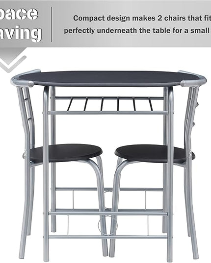 VECELO 3 Piece Small Round Dining Table Set for Kitchen Breakfast Nook, Wood Grain Tabletop with Wine Storage Rack, Save Space, 31.5 Inch, Black and Silver - LeafyLoom