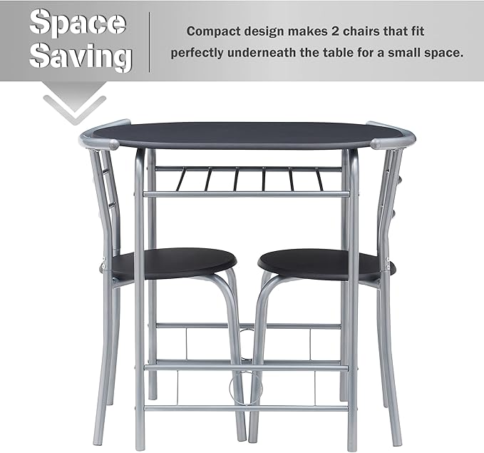 VECELO 3 Piece Small Round Dining Table Set for Kitchen Breakfast Nook, Wood Grain Tabletop with Wine Storage Rack, Save Space, 31.5 Inch, Black and Silver - LeafyLoom