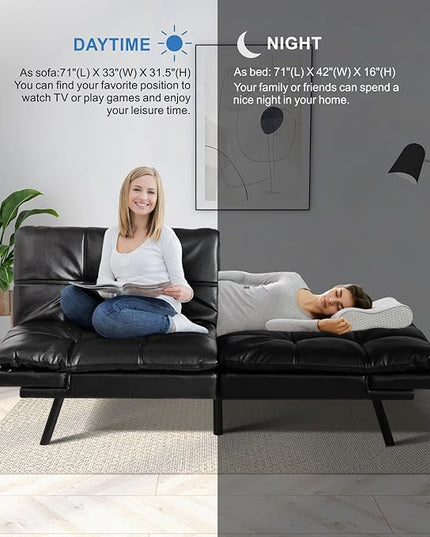 MUUEGM Faux Leather Futon Sofa Bed, Convertible Memory Foam Couch Bed, Modern Love Seat for Living Room,Compact Space,Apartment,Office,Adjustable Backrests Armrests Couch Sleeper,71" Black - LeafyLoom