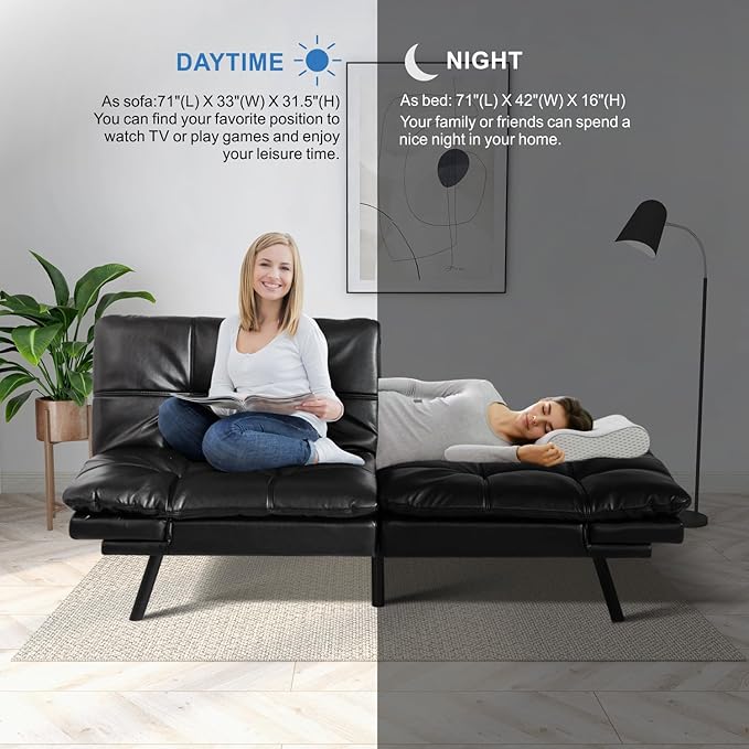 MUUEGM Faux Leather Futon Sofa Bed, Convertible Memory Foam Couch Bed, Modern Love Seat for Living Room,Compact Space,Apartment,Office,Adjustable Backrests Armrests Couch Sleeper,71" Black - LeafyLoom