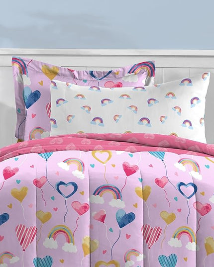 Dream Factory Kids 5-Piece Complete Bed Set Easy-Wash Super Soft Microfiber Comforter Bedding, Twin, Lilac Balloon Hearts - LeafyLoom