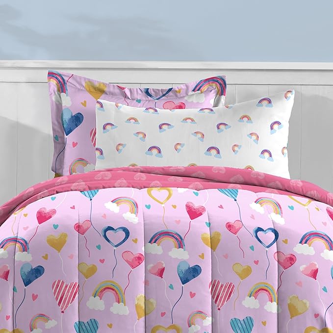 Dream Factory Kids 5-Piece Complete Bed Set Easy-Wash Super Soft Microfiber Comforter Bedding, Twin, Lilac Balloon Hearts - LeafyLoom