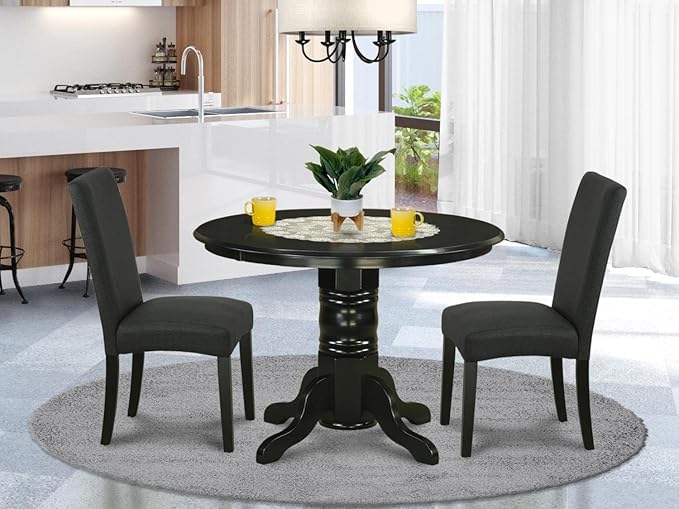 East West Furniture SHDR3-BLK-24 3 Piece Kitchen Table & Chairs Set Contains a Round Dining Table with Pedestal and 2 Black Color Linen Fabric Upholstered Chairs, 42x42 Inch, Black - LeafyLoom